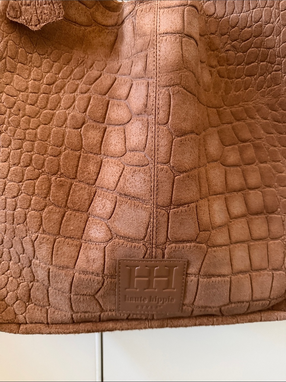 Haute Hippie Women’s Festival Genuine Suede Hobo Bag—Crocodile Embossed Tan - Picture 2 of 8